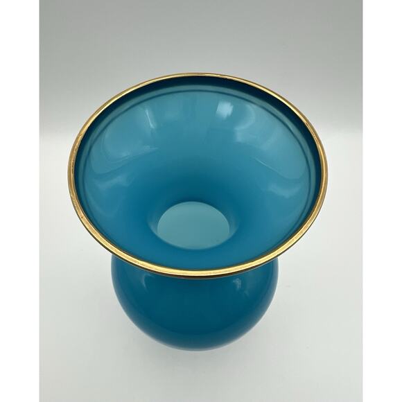 French Blue Opaline Glass Vase Baluster Shape & Flare Rim with Gold Band 8.25” - Picture 3 of 12